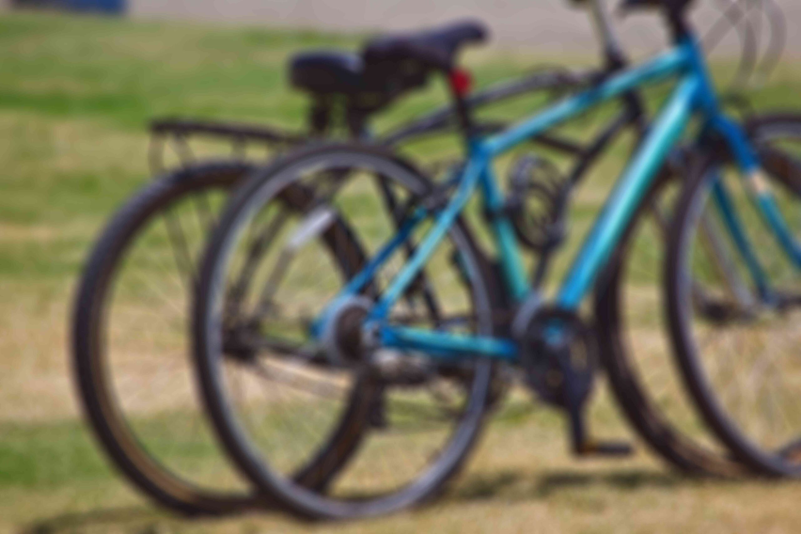 Two parked bicycles on grass, representing everyday cycling and bike mobility