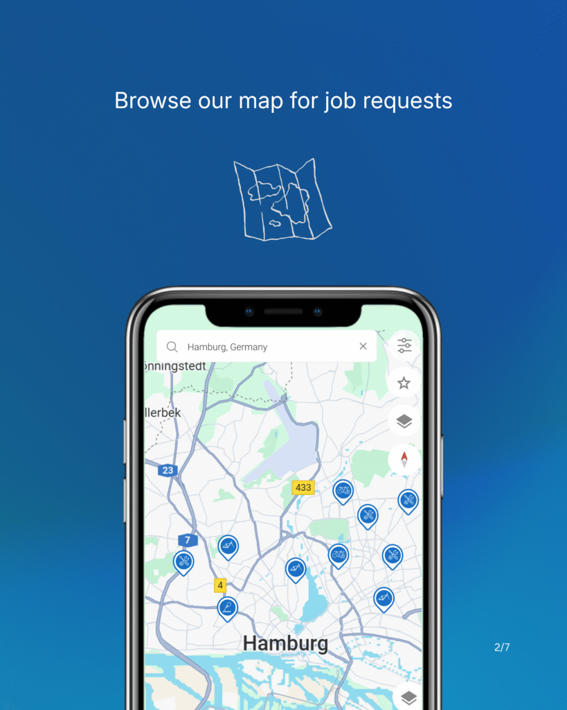 Mobile map showing mechanic job requests in Hamburg on the PEDAL24 platform