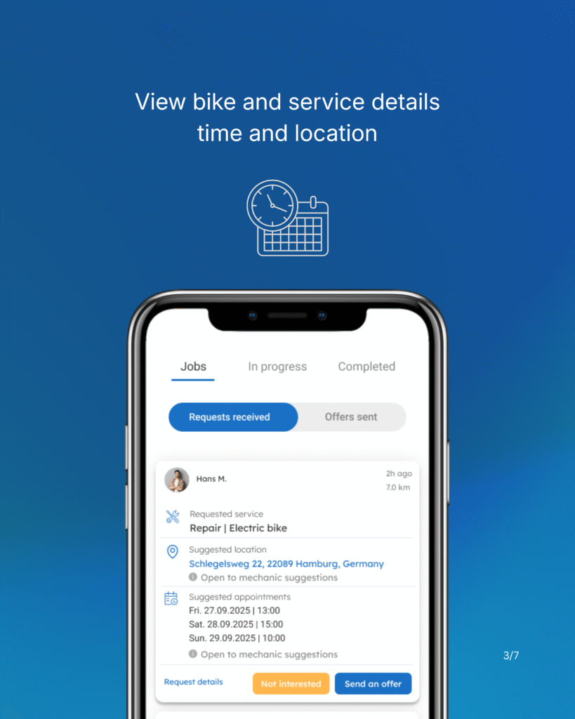 Pedal24 app job request screen with bike service details and location