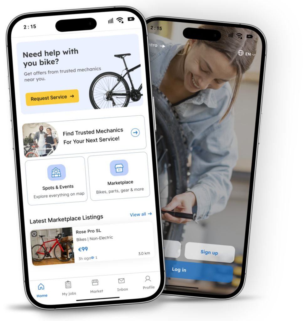 PEDAL24 app screens showing bike repair request and verified mechanic ratings