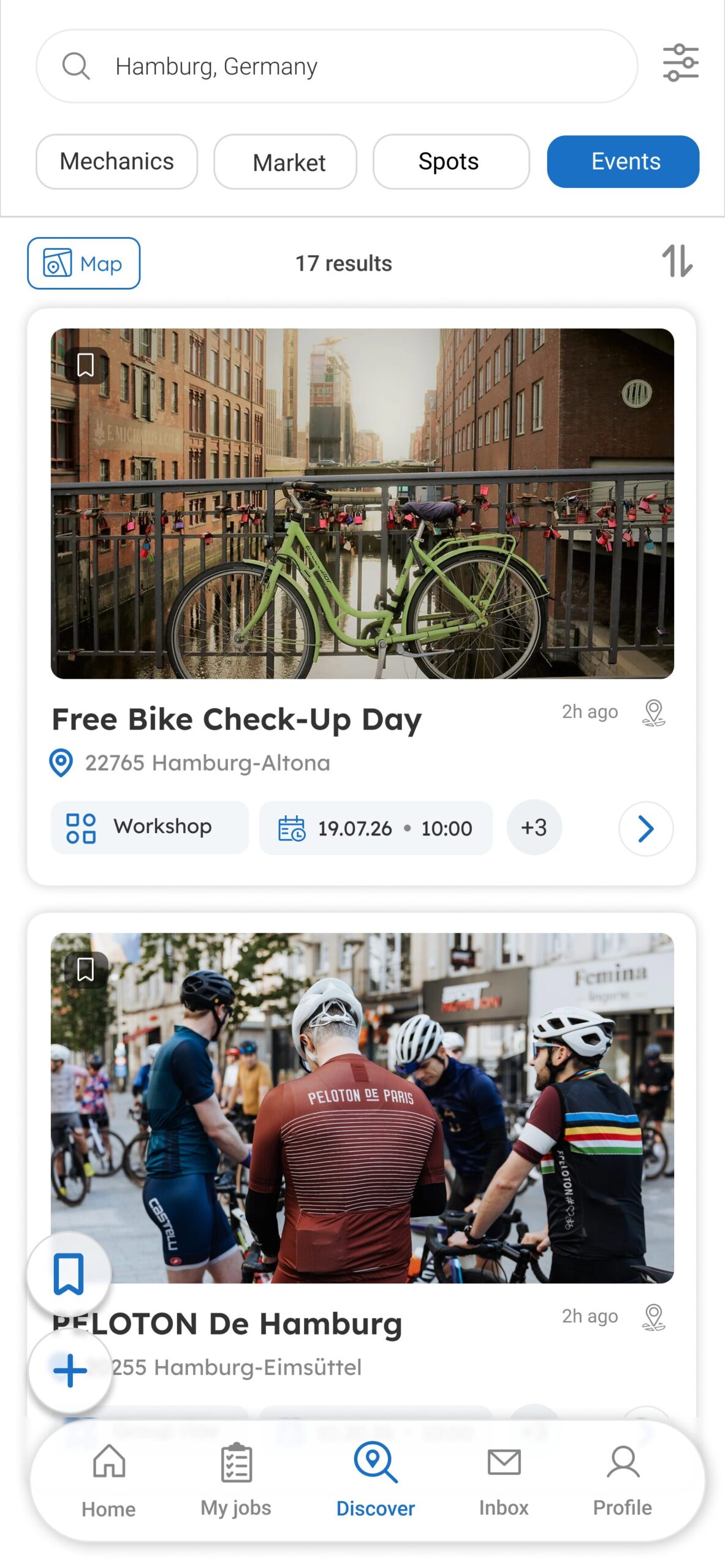 PEDAL24 app showing the events feed with upcoming rides